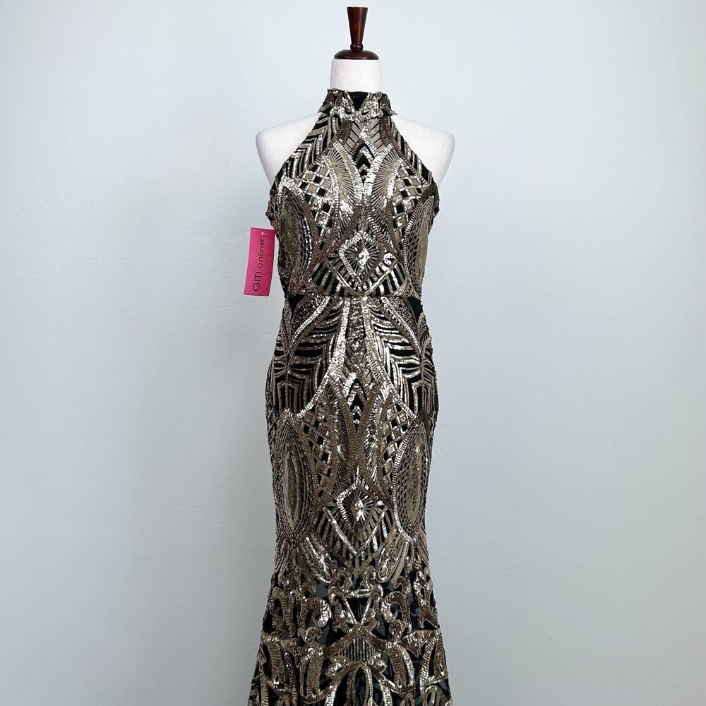 Gatsby Sequin Embellished Gold Halter Mermaid Formal Gown NWT